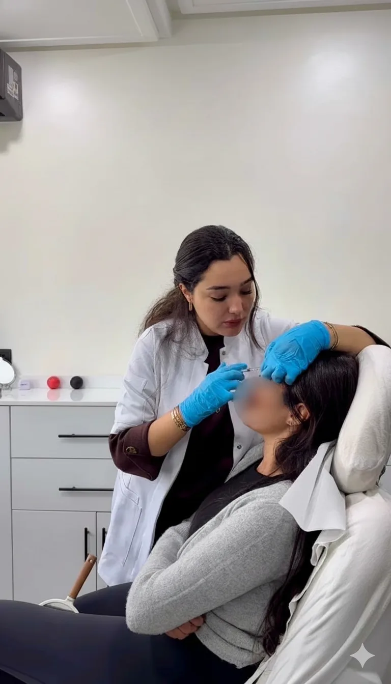 Dr Yousra El Khadri réalisant une injection de botox du front au cabinet à Casablanca