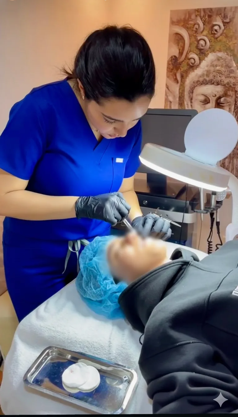 Dr Yousra El Khadri réalisant une injection esthétique au visage au cabinet à Casablanca
