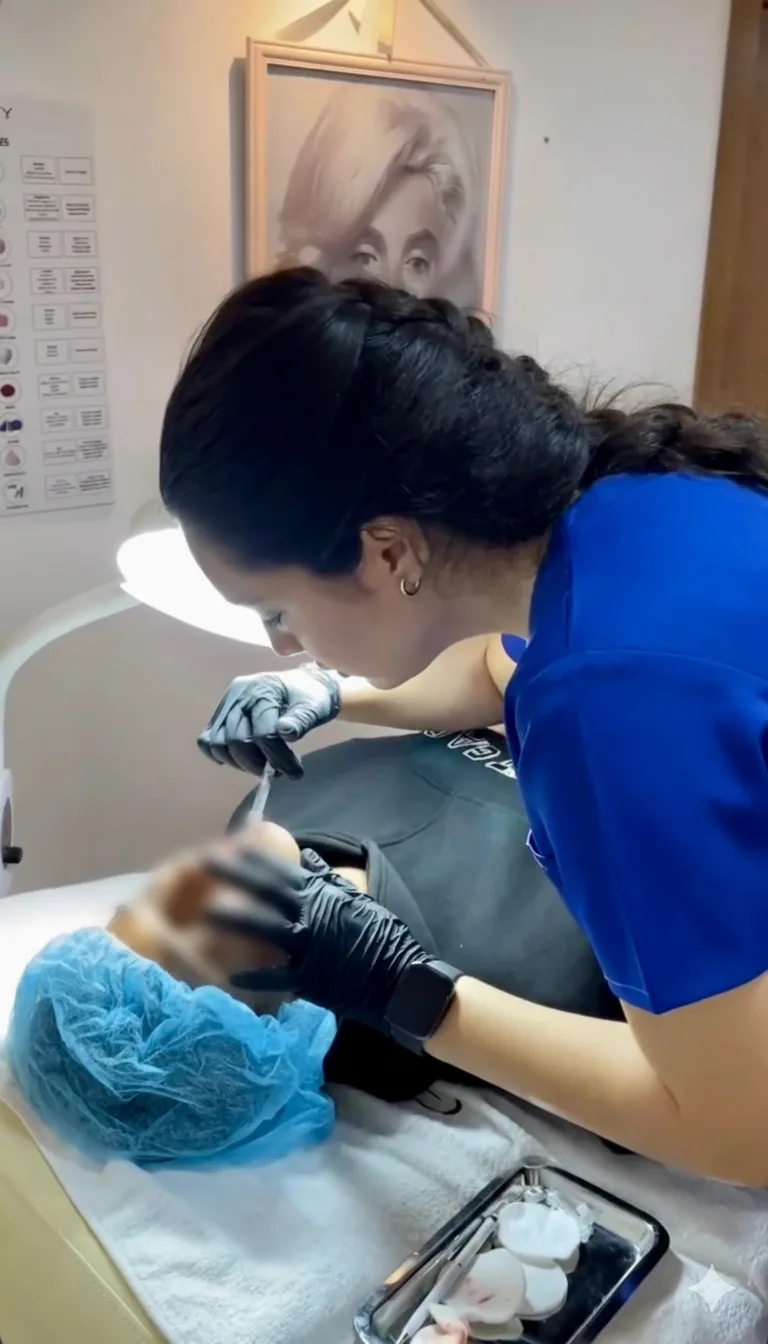 Dr Yousra El Khadri concentrée pendant une séance d'injection esthétique à son cabinet de Casablanca