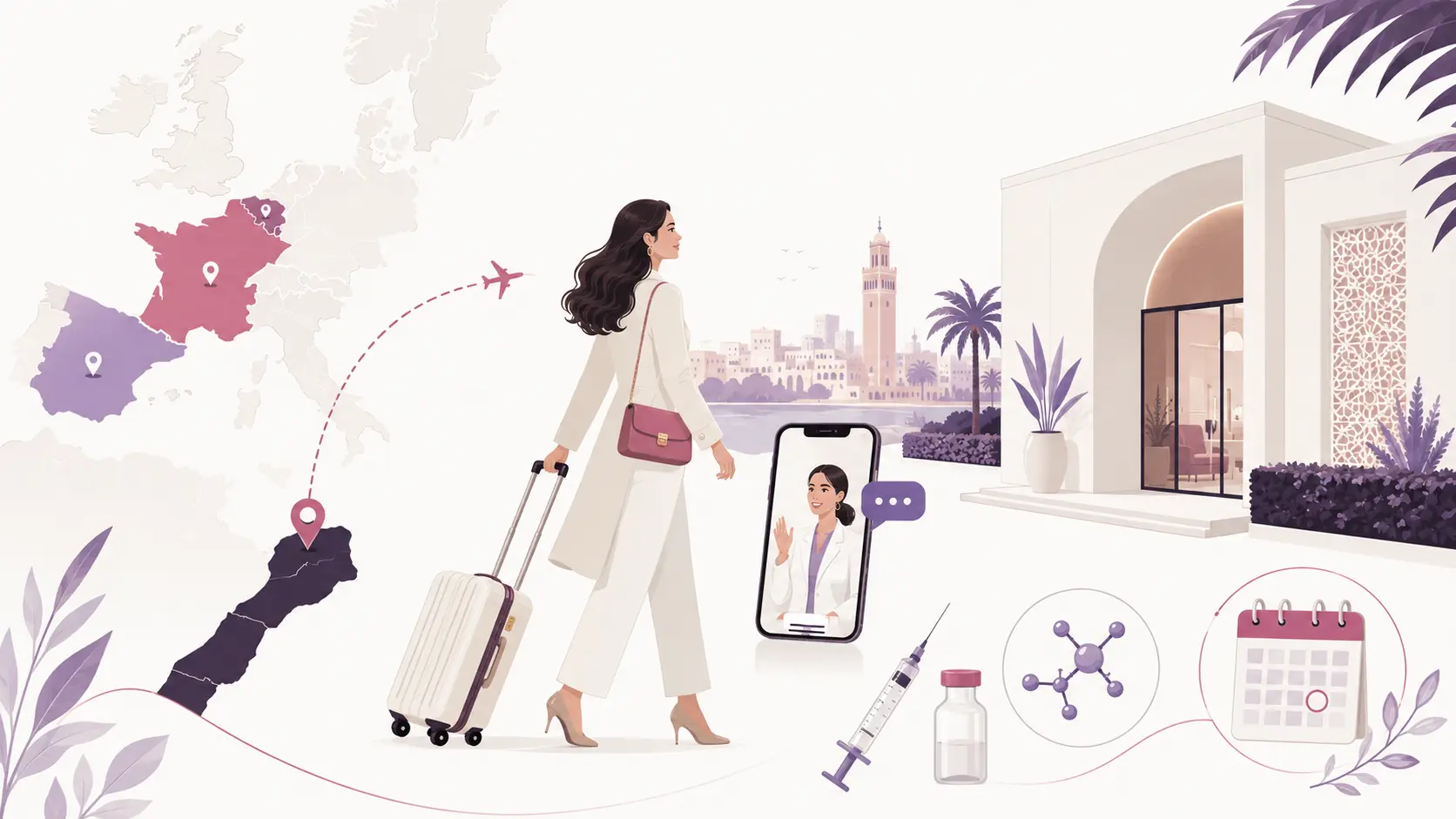 Illustration d'une patiente venant d'Europe pour ses soins de médecine esthétique au Maroc, avec consultation à distance et cabinet à Casablanca